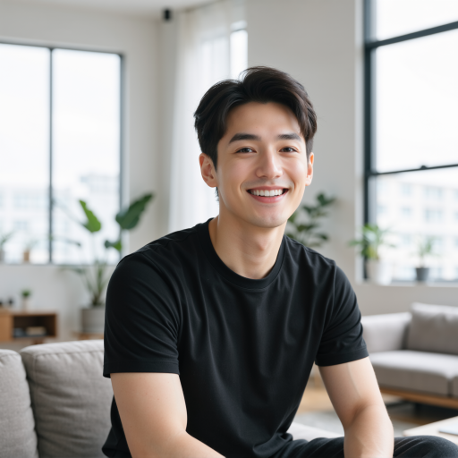 三十岁左右男性开发者头像，穿黑色T恤，白色背景，专业摄影风格